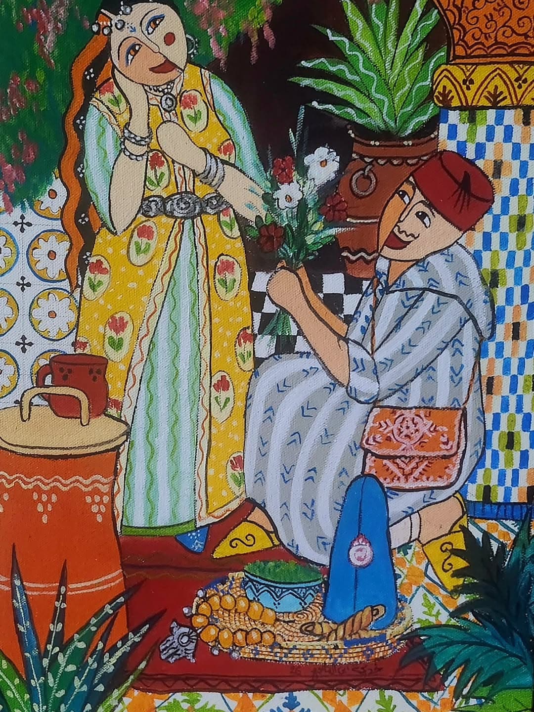 Peinture originale "Femme en Haik" - Femmes Marocaines par l'artiste Khadija Bentajar
