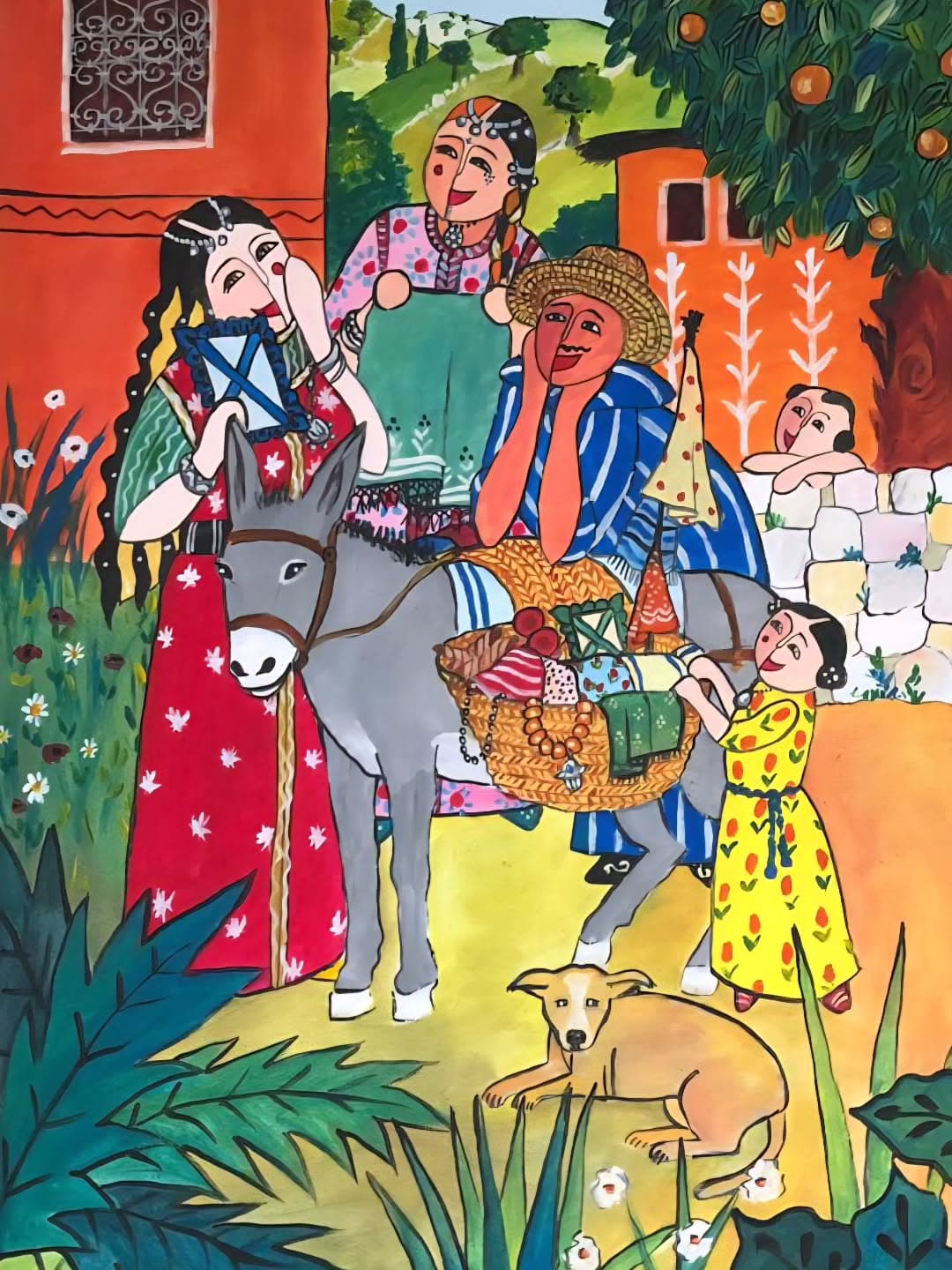 Peinture originale "Sous le Soleil" - Femmes Marocaines par l'artiste Khadija Bentajar