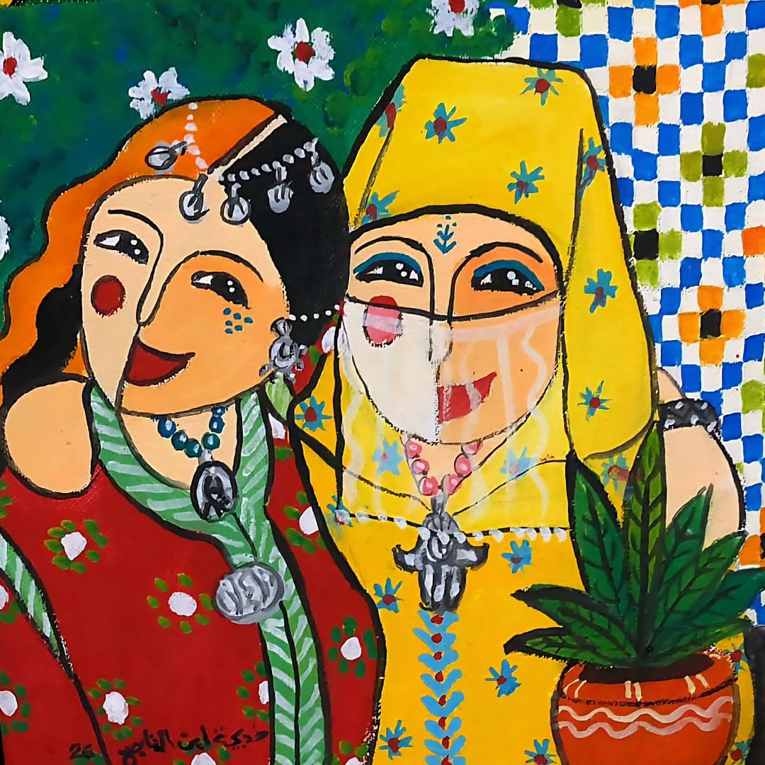Peinture originale "Femme au Foulard" - Femmes Marocaines par l'artiste Khadija Bentajar