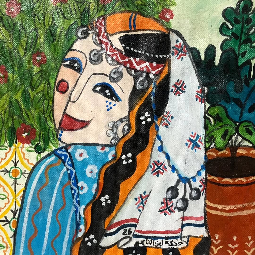 Peinture originale "Femme à la Fenêtre" - Femmes Marocaines par l'artiste Khadija Bentajar