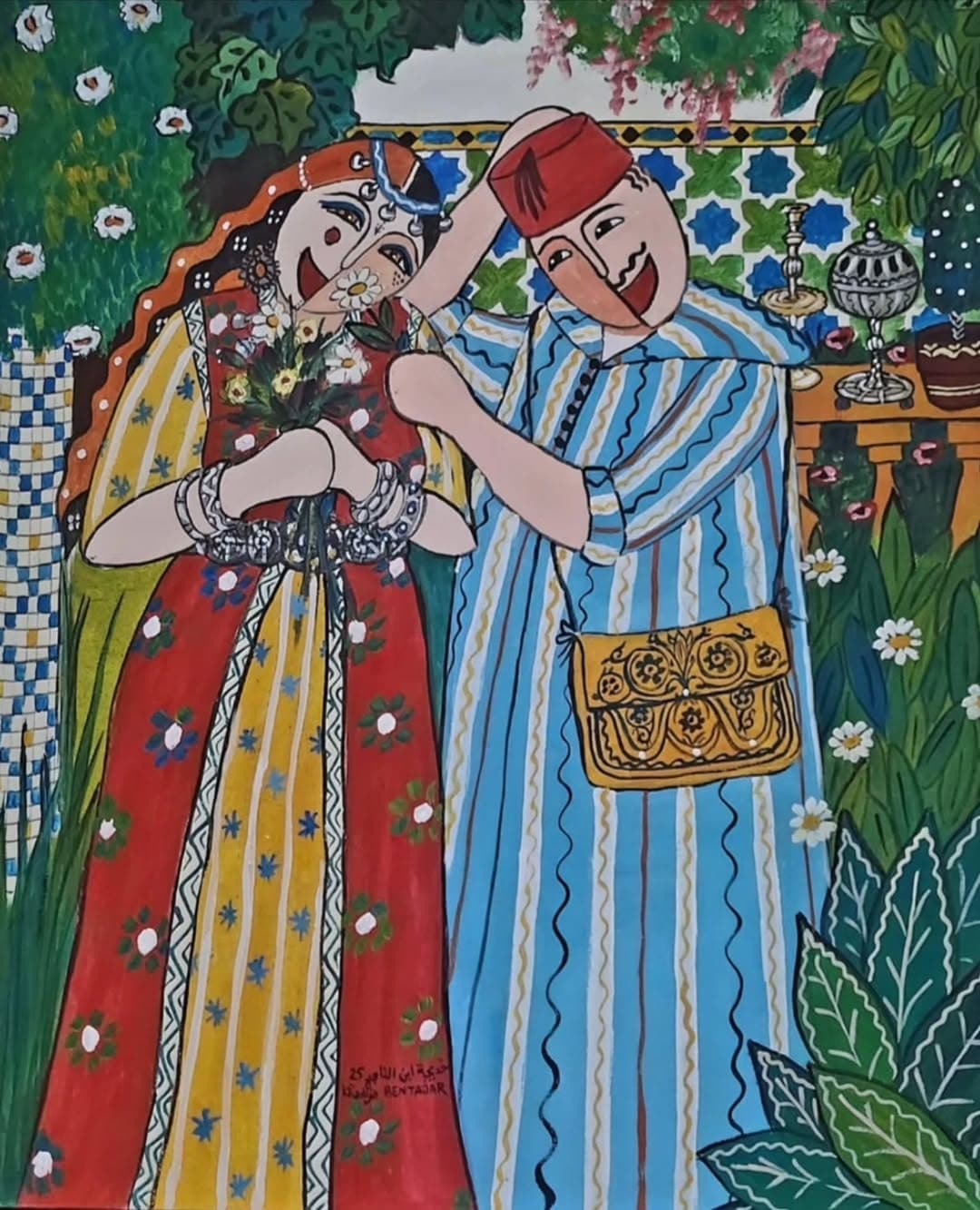 Peinture originale "Femme en Bleu" - Femmes Marocaines par l'artiste Khadija Bentajar