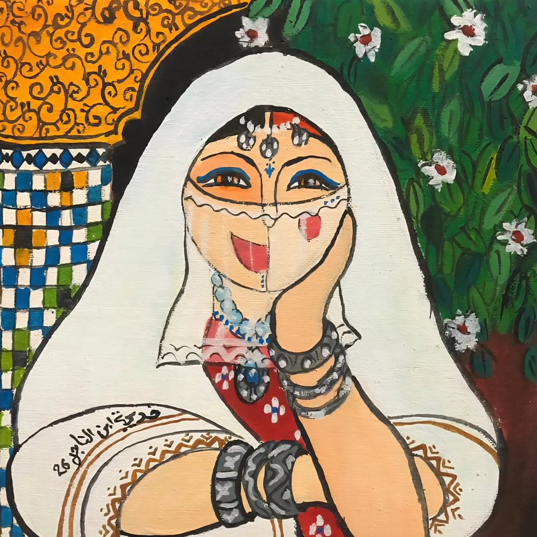 Peinture originale "Femme au Puits" - Femmes Marocaines par l'artiste Khadija Bentajar