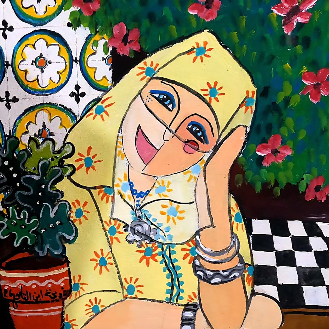 Peinture originale "Femme Assise" - Femmes Marocaines par l'artiste Khadija Bentajar