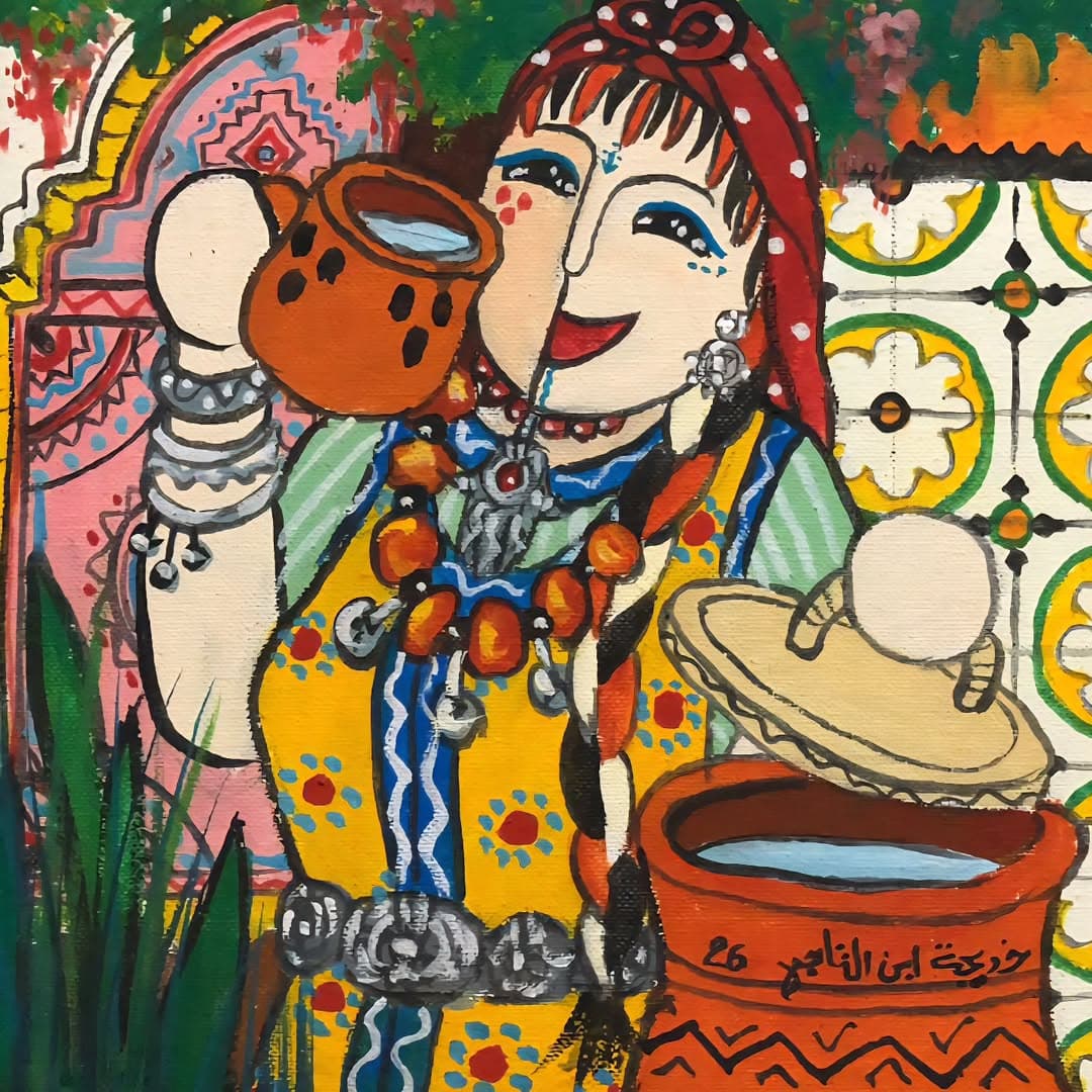 Peinture originale "Femme en Rouge" - Femmes Marocaines par l'artiste Khadija Bentajar