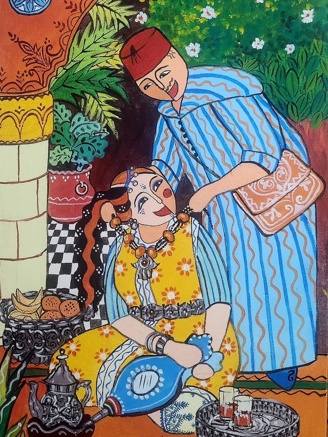 Peinture originale "Grand-mère" - Femmes Marocaines par l'artiste Khadija Bentajar