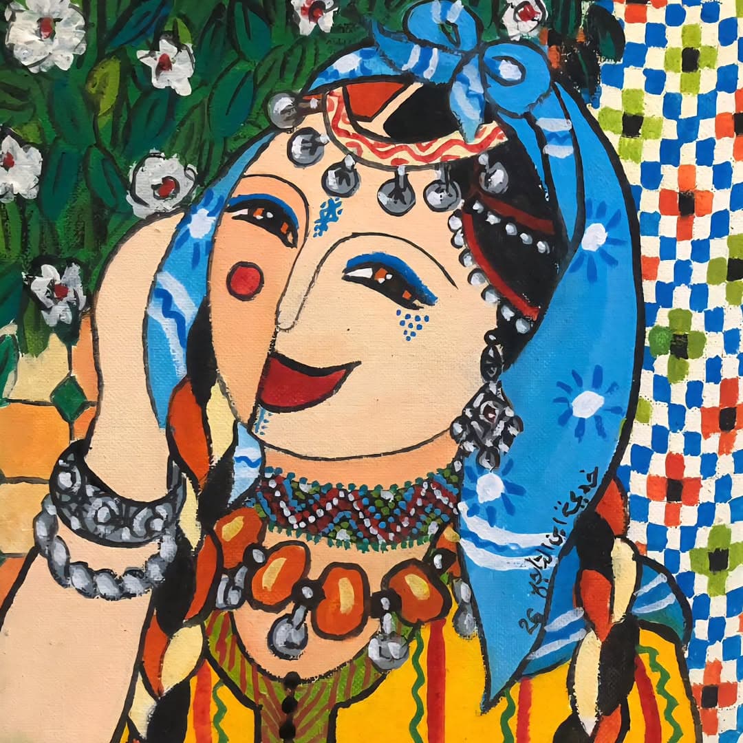 Peinture originale "Femme au Coffret" - Femmes Marocaines par l'artiste Khadija Bentajar