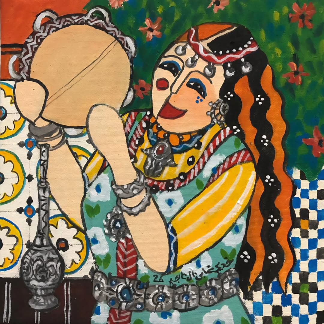 Peinture originale "Femme au Miroir" - Femmes Marocaines par l'artiste Khadija Bentajar