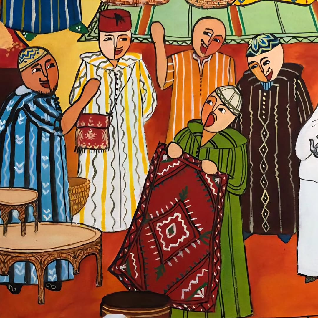 Peinture originale "Femme au Chat" - Femmes Marocaines par l'artiste Khadija Bentajar