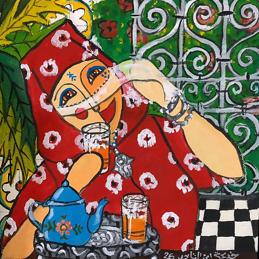 Peinture originale "Femme au Tapis" - Femmes Marocaines par l'artiste Khadija Bentajar