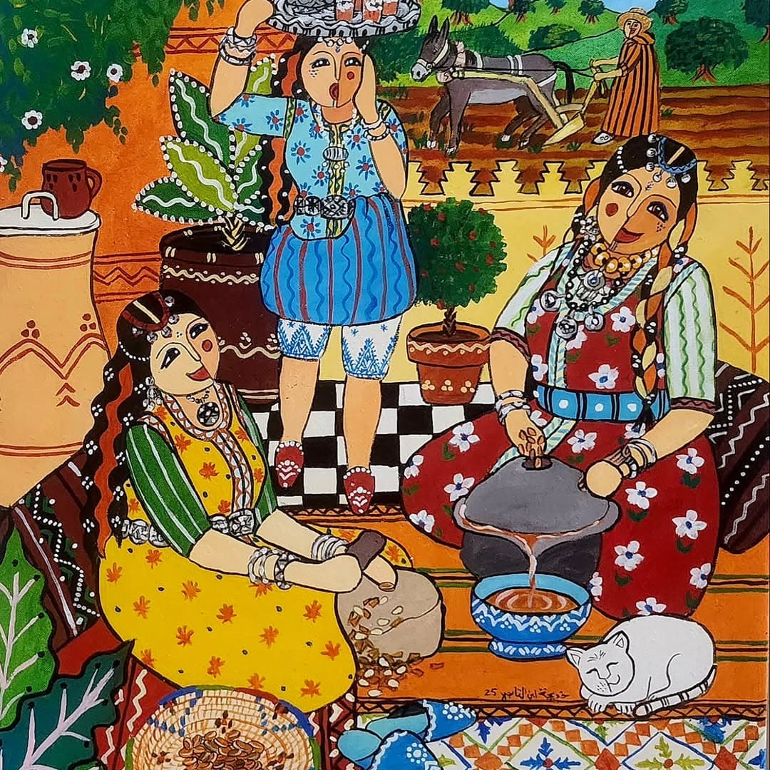 Peinture originale "Femme et Henné" - Femmes Marocaines par l'artiste Khadija Bentajar