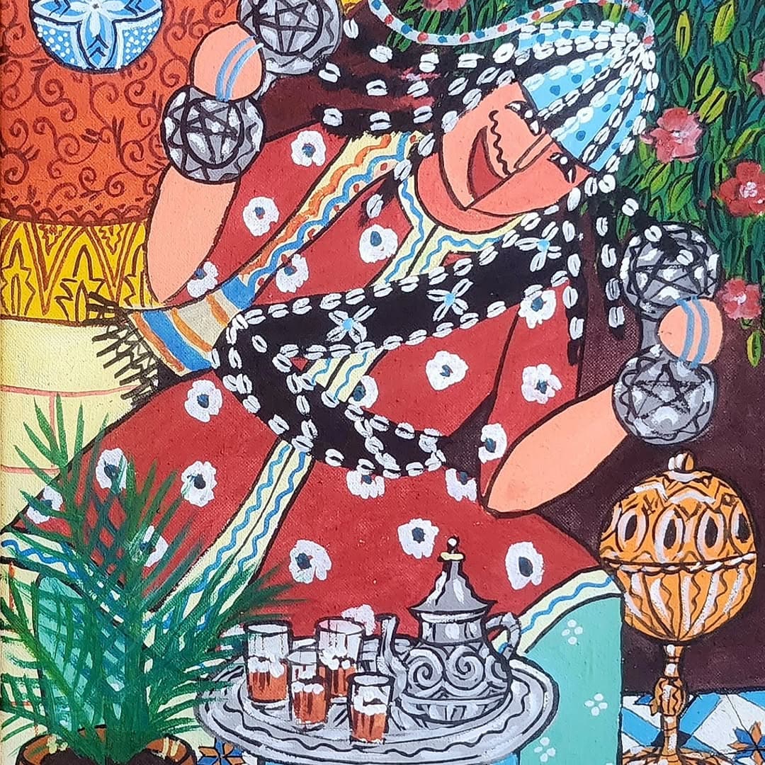 Peinture originale "Femme au Thé" - Femmes Marocaines par l'artiste Khadija Bentajar