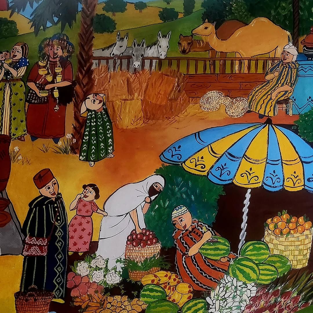 Peinture originale "Femme et Fleur" - Femmes Marocaines par l'artiste Khadija Bentajar