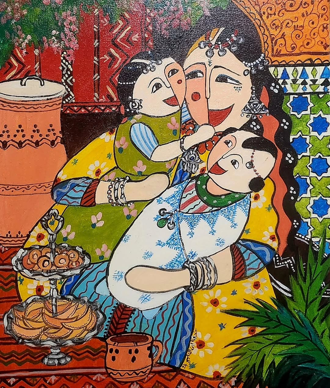 Peinture originale "Cérémonie du Thé" - Collection Scènes de Vie par Khadija Bentajar