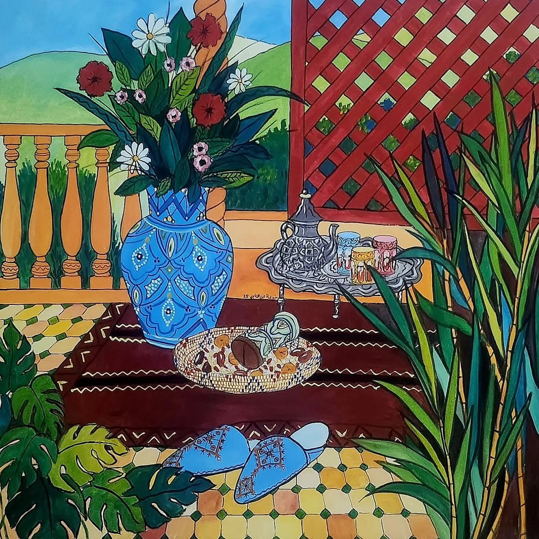 Peinture originale "Toits de Marrakech" - Scènes de Vie par l'artiste Khadija Bentajar