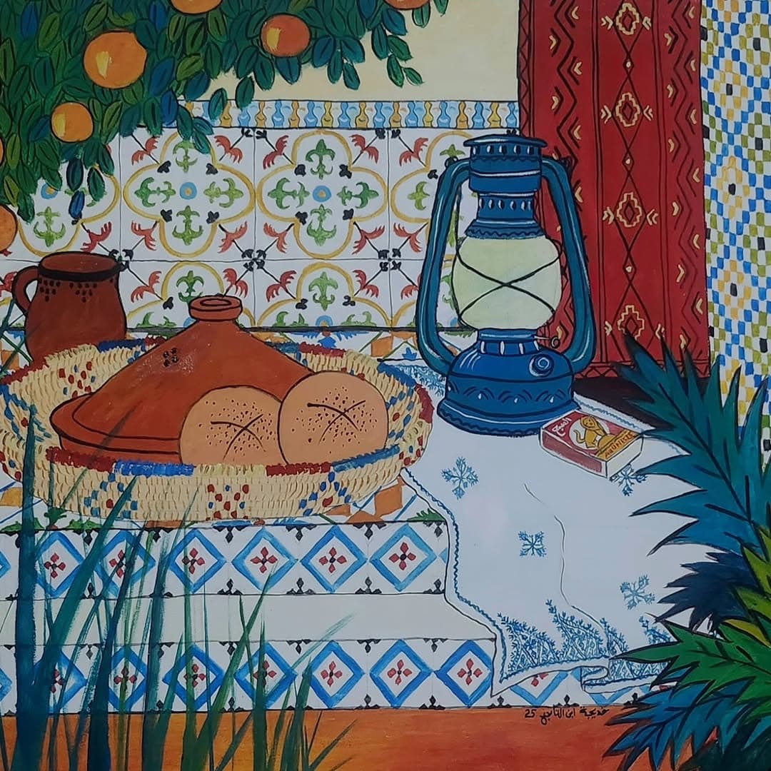 Peinture originale "Café Maure" - Scènes de Vie par l'artiste Khadija Bentajar