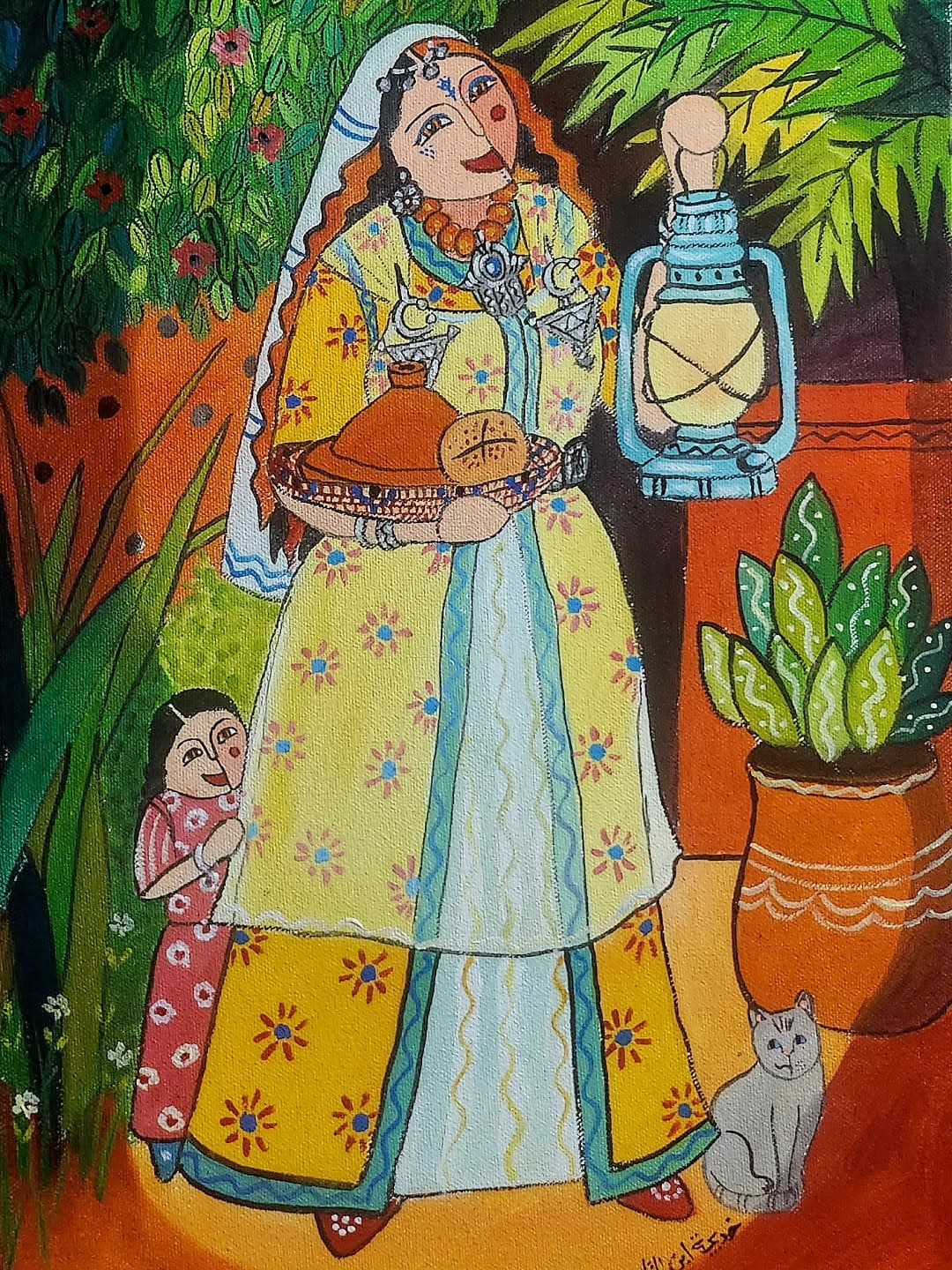 Peinture originale "Chat de la Médina" - Scènes de Vie par l'artiste Khadija Bentajar
