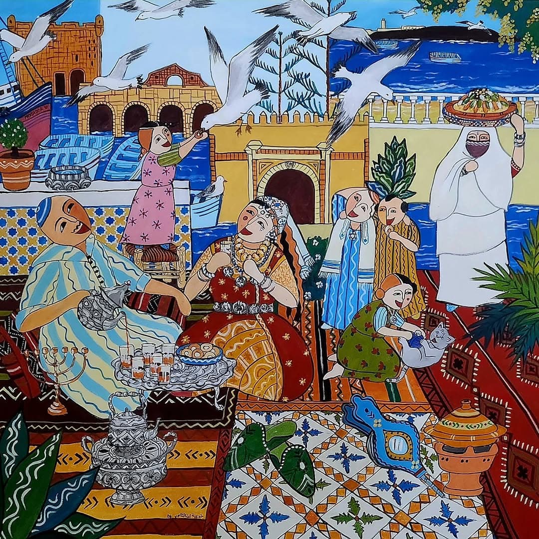 Peinture originale "Tapis Berbère" - Scènes de Vie par l'artiste Khadija Bentajar