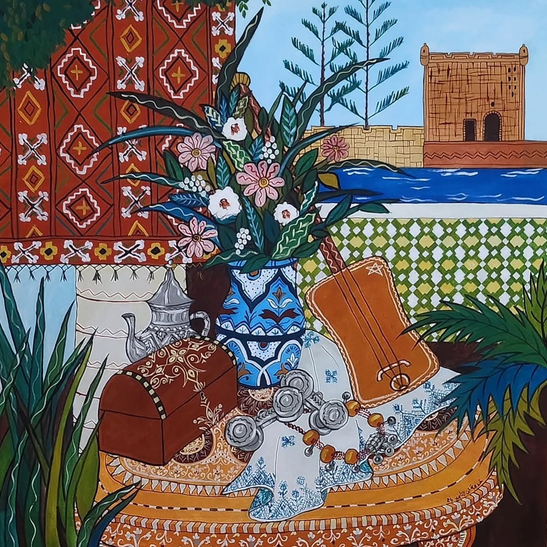 Peinture originale "Cavalier au Matin" - Fantasia par l'artiste Khadija Bentajar